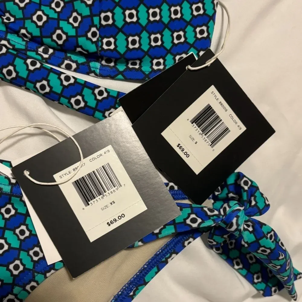 Echo Bikini Set S/XS Triangle String Sz Small Top XS Bottoms Blue Green NWT NEW